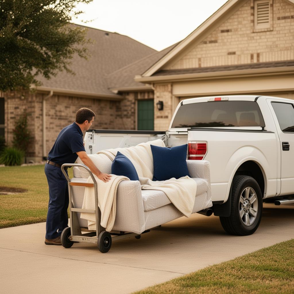 NeighborPickup mover loading a wrapped sofa onto a dolly behind a white pickup truck in a DFW driveway